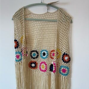 Boho Crochet Fringe Vest with Colorful Accents
